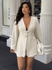 Easura Abrigo de lana elegante con botones metálicos para mujer de talla grande - Albaricoque - Ver 6