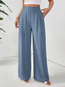SHEIN Essnce Women's Casual Versatile Solid Color Wide Leg All-Match Pants - Dusty Blue - View 5