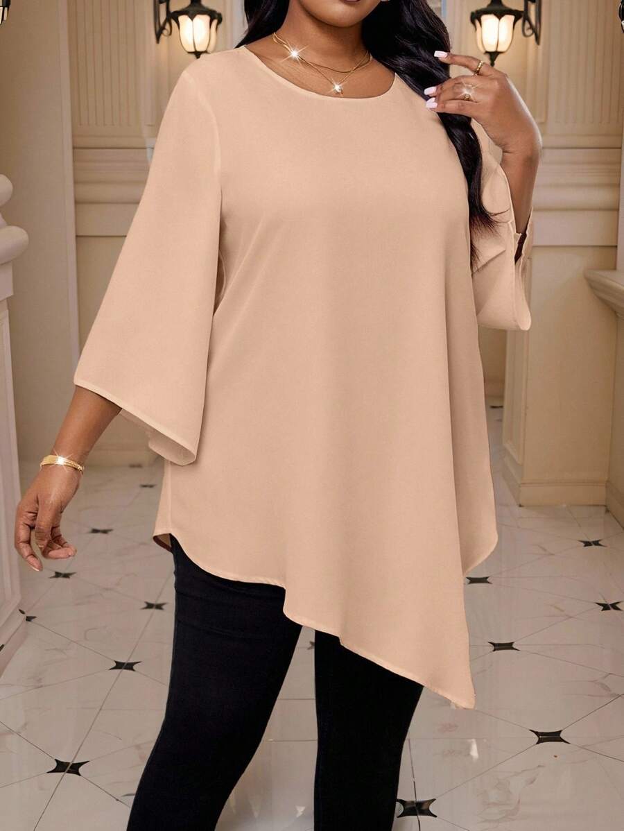 SHEIN Lady 2025 新款大码女式纯色金属圆领 3 4 袖宽松不对称下摆优雅衬衫情人节新年派对感恩节假日休闲上衣女式秋季上衣 - 駝色 - 查看 1