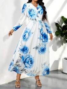 Modelyn Đầm tay đèn lồng họa tiết hoa cỡ lớn cho nữ đi nghỉ mát thanh lịch - Nhiều màu - Xem 6