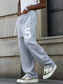 PAVTROS 男士休闲宽松长裤，带数字 5 印花和拼接设计，直筒裤腿，适合所有季节和日常穿着，适合男朋友/丈夫的礼物，Y2K 街头潮流 - 灰色 - 查看 4