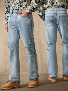 RivetRise Quần jeans ống loe túi đính ngọc trai giả cho nam - Rửa nhẹ - Xem 6