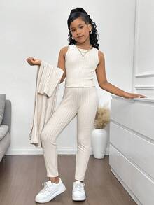 3pcs Tween Girls Casual Outfit Set: Long Jacket + Vest + Leggings, Fashionable Daily Wear Girls Ribbed Two Piece Set Girls Ribbed 3 Piece Outfit Girls Knit Set Hooded Cardigan Set Tween Girl Casual Outfit Fall Winter - Apricot - View 3