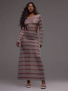 MUSERA Beige Autumn Boho Vacation Boat Neck Cut Out Long Sleeve Textured Patterned Crochet Striped Maxi Dress,Festival Holiday Beachwear Summer Ibiza Dress - Multicolor - View 1