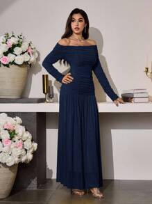 Modelyn 女式长款露肩浪漫优雅褶饰修身喇叭下摆时尚连衣裙，春夏 - 藏蓝色 - 查看 7