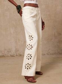 Lumalex VITNOS Fall Holiday Premium Luxury BOHO Old Money Women's Hollow Out Design Pocket Wide Leg Loose Casual Pants