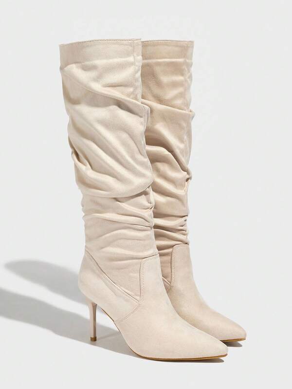 Daringsoles Women's Pointed Toe Stiletto Heel Sexy Party Knee-High Boots, Suede Slouchy Pull-On Ankle Boots, Apricot Color, Autumn/Winter