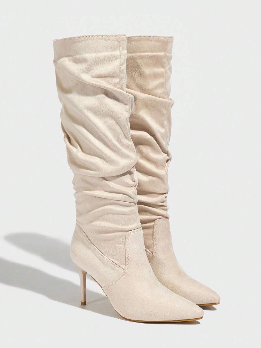 Daringsoles 女士尖头细高跟性感派对及膝靴,绒面休闲套穿踝靴,杏色,秋冬 - 杏色 - 查看 1