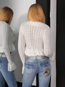 Jeanoix Cardigan de malha com amarração e manga flare com babados franceses - Branco - Ver 2
