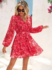 Vivid Eden Women's Red Floral Print Long Sleeve Mini Dress For Vacation,Fall Women Clothes, Women Vacation Dress, Red Floral Dress, Tiered Ruffle Dress, Lantern Sleeve Dress,Halloween,Wedding Guest Dress Women,Date Night Dress,Casual Dresses For Women