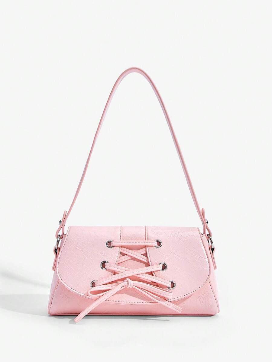 SHEIN ICON 女士、女式单肩包、流浪包、系带、芭蕾风格、粉色、时尚、个性、简约、百搭、街头、甜美酷炫女孩、辣妹、千禧一代、复古、铆钉、复古、青少年、学院风、学校风、学院风 - 粉色 - 查看 1