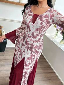 Modelyn 大码休闲时尚修身网眼拼布长袖连衣裙 - 酒紅色 - 查看 4