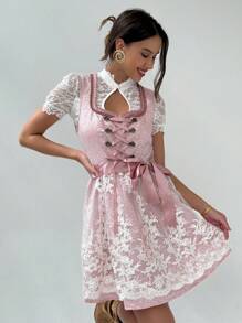 Aloruh 2025 新款啤酒节连衣裙巴伐利亚啤酒节传统服装粉色连衣裙女士蕾丝连衣裙啤酒节连衣裙女式波尔卡圆点印花拼布花卉刺绣网眼下摆无袖优雅连衣裙 - 粉色 - 查看 6