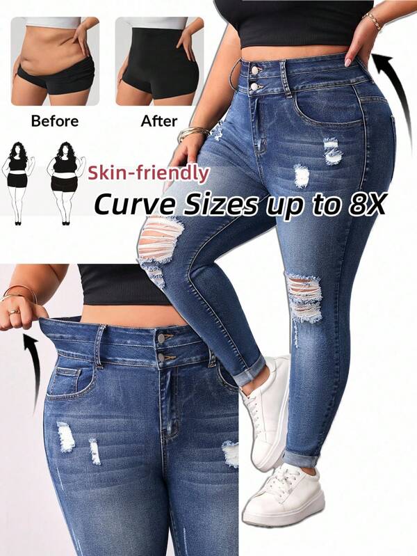SHEIN CURVE+ Jeans in Große Größen mit Distressed-Waschung und Slim Fit