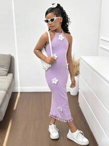 SHEIN Tween Girl Elegant Floral Print Halter Neck Snug Fit Vacation Dress - Mauve Purple - View 5