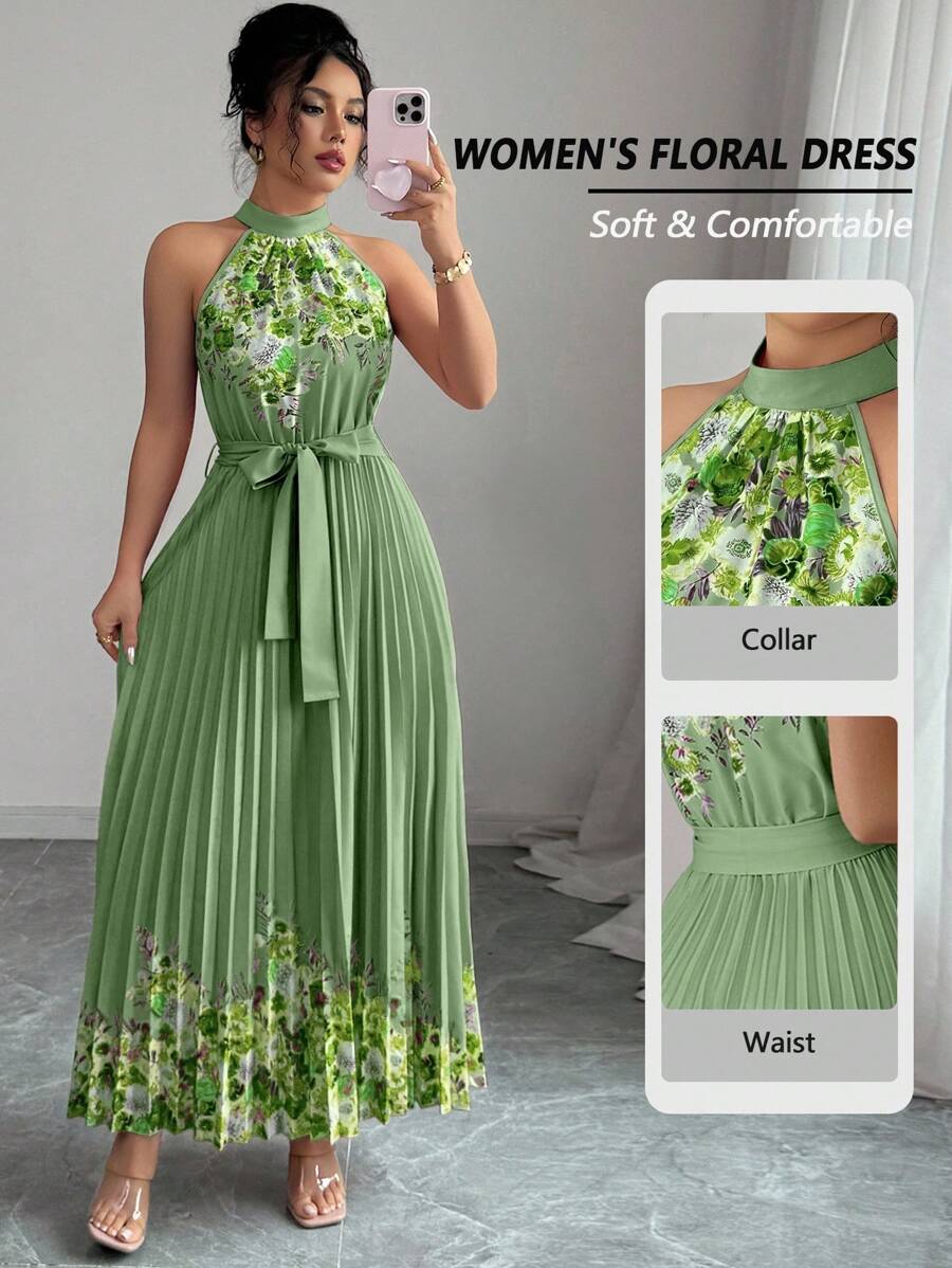 SHEIN Elenzya 女式夏季优雅花卉宽松露背连衣裙 - 軍綠色 - 查看 1