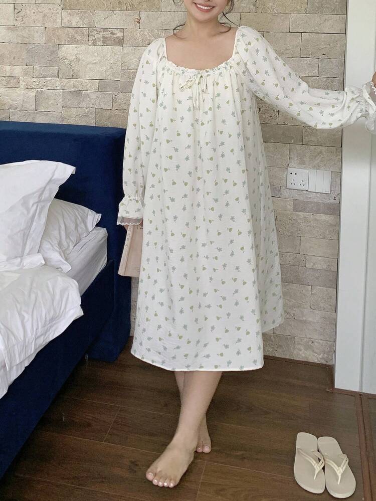 Dazy Plus Plus Size Women & Teens Floral Print Square Neck Flare Sleeve Long Nightgown, Casual Loungewear, Fall