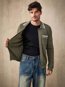 Manfinity Homme Áo khoác cardigan sọc tương phản thường ngày cho nam - Màu xanh Ô liu - Xem 3