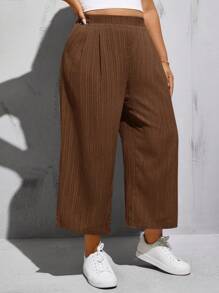 SHEIN Essnce Plus Size Spring And Summer Fashion Casual Loose Comfortable Basic Daily Versatile Elastic Waist Cropped Pants, Simple Style, Work Pants - Brown - View 2