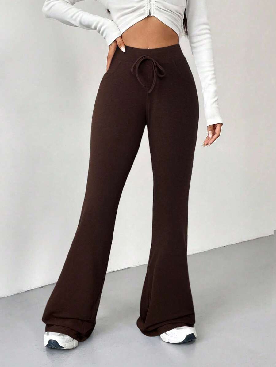 SHEIN EZwear 复古风格灰色系腰喇叭腿运动裤 - 咖啡棕 - 查看 1