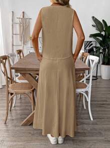 EMERY ROSE 1 Set Atasan Tanpa Lengan dan Rok Panjang Linen Warna Polos untuk Wanita - Khaki - View 2