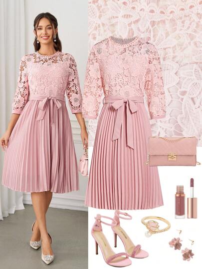 Ellevyn Women's Elegant Lace Crochet Lantern Sleeve Belted Loose Pleated Mid-Length Dress, Pink Pleated Dress Dresses For Wedding Guest   Back To School Autumn Clothes  Going Out Dress Teacher Outfits Dresses For Women Elegant