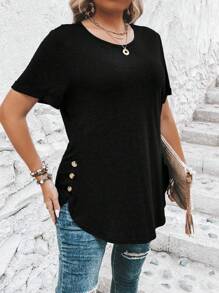 SHEIN CURVE+ Plus Size Women's Casual Long T-Shirt: Skin-Friendly Knitted Fabric, Round Neck, Short Sleeves, Asymmetrical Hem With Button Details, And Semi-Sheer Design For Effortless Style. - Black - View 8
