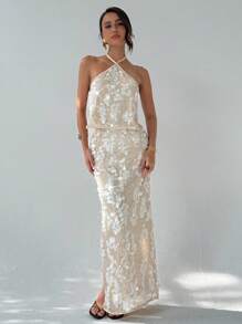 Aloruh Date Night Outfits Women Music Festival Party Disco Sequin Textured High Slit Skirt For Women - Multicolor - View 4