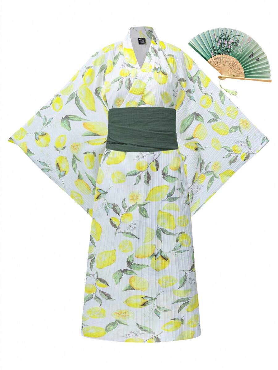 Irokai Women's Lemon Print Overlap Collar Loose Waist Bathrobe Kimono Yukata