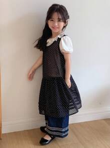 Dazy Kids Young Girl Polka Dot Print Ruffle Hem Sleeveless Dress - Black - View 5