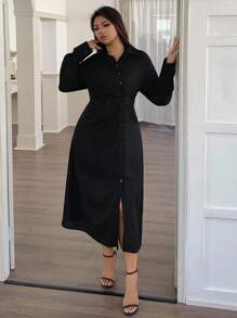 Dazy Plus Plus Size Women's Solid Color Lapel Oblique Placket Side Slit Long Sleeve Casual Mid-Length Dress - Black - View 3