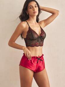 SHEIN Floral Lace Bralet With Satin Shorts - Burgundy - View 5