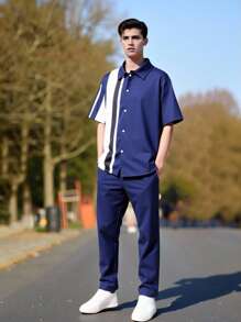 SHEIN 2 件套青少年男孩绅士装，海军蓝百搭时尚修身短袖衬衫 + 长裤，绅士西装套装，商务优雅学院个性化服装，生日派对日常休闲外套，优雅简约的返校季
