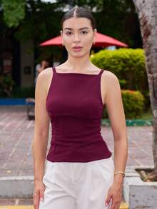 Andrea Bello New Summer 2025 Burgundy Off-Shoulder Cinched Waist Ladies' Tank Top, Elegant For Business, Casual, Daily Commute, Beach Vacation, Wedding Guest, Country Music Festival, Brunch, Airport Outfit, 217S Oslo Stockholm Style American Independence Day