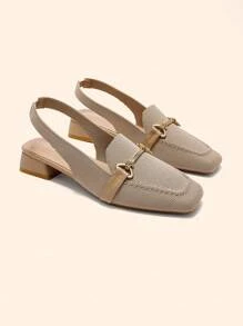 CUCCOO BASICS Women's Apricot Fabric Chain Strap Low Heel Square Toe Slingback Flats, Suitable For Commuting, Dating, Party, Holiday - Apricot - View 3