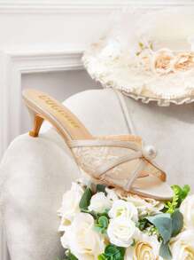 CUCCOO HITCHD Women's Fashion Round Toe Kitten Heel Apricot Lace Mesh Pearl Wedding Party Occasion High Heel Sandals, Open Toe Sandals For Christmas Elegant Shoes Wedding Shoes - Apricot - View 6