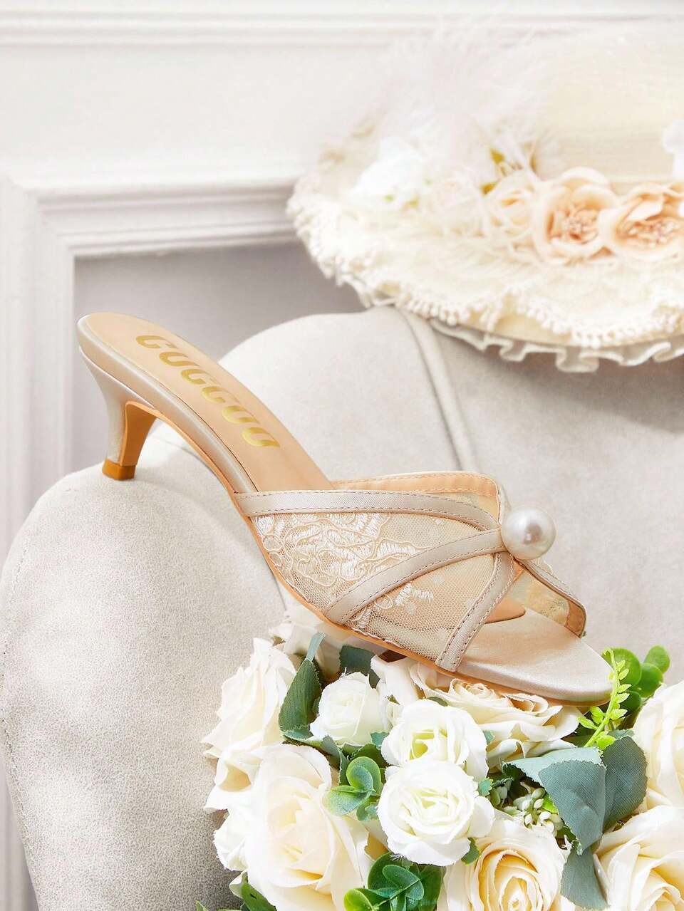 CUCCOO HITCHD Women's Fashion Round Toe Kitten Heel Apricot Lace Mesh Faux Pearl Wedding Party Occasion High Heel Sandals, Elegant Wedding Bride Shoes Summer