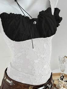 SHEIN Unity Women's Jacquard Design Off-Shoulder Fashionable Contrast Color T-Shirt - Black and White - View 4