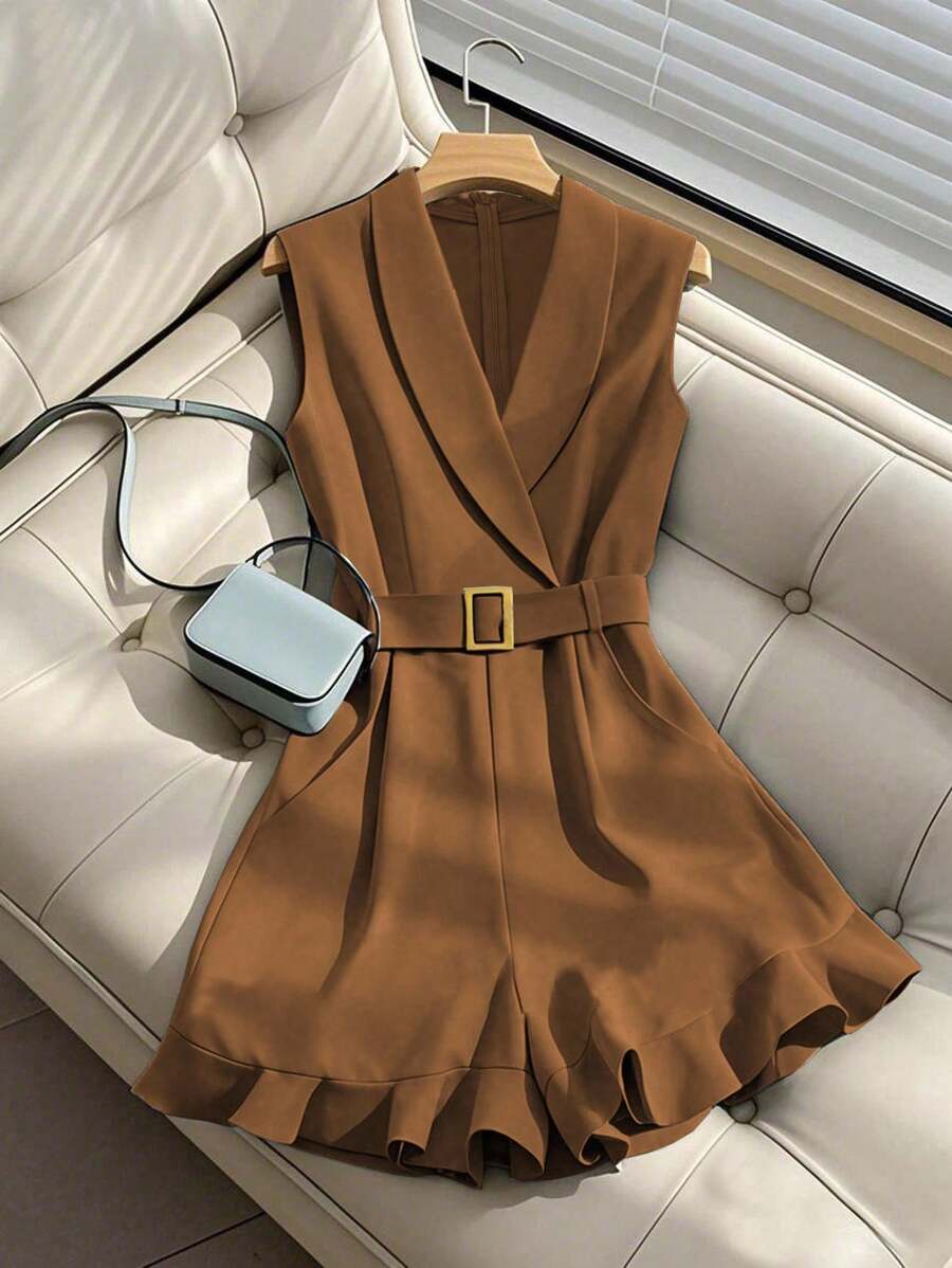 Franclia Elegant Jumpsuit With Belt, Draping Design For Women Maillard Style Summer Brown Clothes For University - Brown - View 1