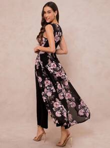 Amorya Women's Summer Elegant Floral Printed Splice High Slit Sleeveless Jumpsuit Fall/Winter Women Clothes Back To School Modest Vintage Old Money Teacher Outfits For Women Airport