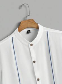 Manfinity Homme 男士夏季休闲撞色滚边短袖衬衫和抽绳腰长裤套装，秋季服装，舒适服装 - 藍色 - 查看 6