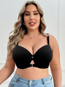 SHEIN 1 Peça Sutiã com Aro Elevador e Realçador de Cor Sólida Minimalista para Mulheres Plus Size - Preto - Visão 3