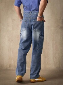 Manfinity Homme Men's Casual Washed Cargo Denim Jeans - Medium Wash - View 2