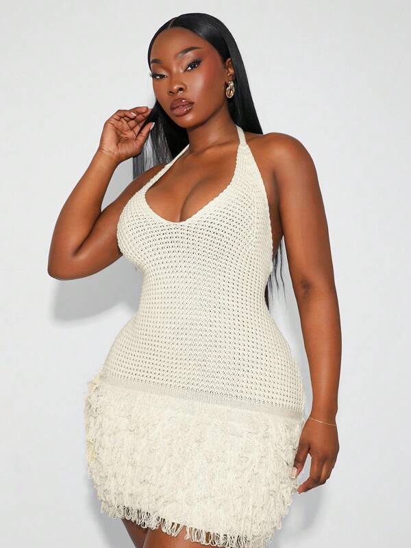 SHEIN SXY Plus Size Women's Sexy Halter Backless Fringe Bodycon Knit Dress, Suitable For Everyday Wear, Festival, Date Night, Birthday, Bachelorette Party Outfit, Wedding, Elegant, Casual, Shopping, Streetwear, Going Out, , Easy To Match & Looks Slim, Accent Your Body, Flatter The Figure