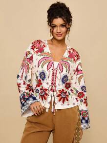 Travachic Áo kiểu dáng rộng rãi, lửng, chất liệu chiffon in họa tiết hình học, họa tiết boho, thích hợp cho nữ, thích hợp mặc đi nghỉ mát, có dây buộc phía trước, dành cho nữ. - Nhiều màu - Xem 6