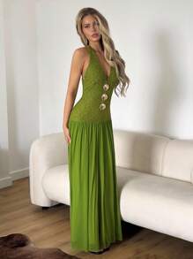 SHEIN ICON 女式金属贝壳装饰深V领无袖性感连衣裙 - 綠色 - 查看 4