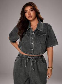 SHEIN EZwear 大码时尚深色洗水牛仔裤 - 灰色 - 查看 7