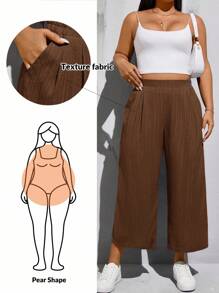 SHEIN Essnce Plus Size Spring And Summer Fashion Casual Loose Comfortable Basic Daily Versatile Elastic Waist Cropped Pants, Simple Style, Work Pants - Brown - View 7