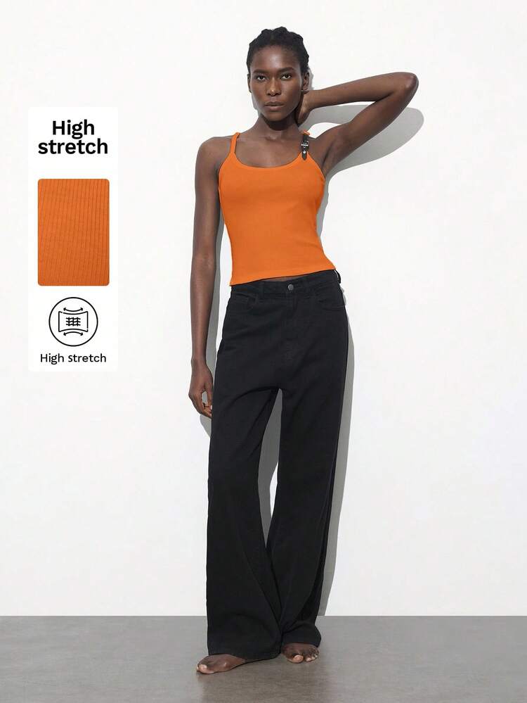 SHEIN Maija Women's U-Neck Orange Casual Fashion Lace-Up Cropped Tank Top With Metal Buckle Decor, Recommended For Business Casual, Holiday, Street Style