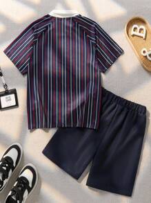 Explorewe 2pcs/Set Tween Boys' Football Graphic Polo T-Shirt & Loose Sports Shorts,Navy Blue,Summer,Casual,School,Back-To-School Fashionable Outfit For Kids - Multicolor - View 2